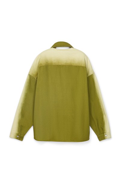 Olive green long-sleeve shirt with a gradient fade to light beige at the top, featuring buttoned cuffs and a folded collar.