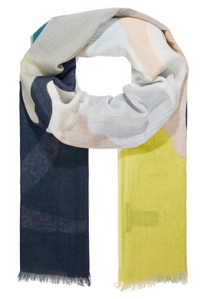 Let tørklæde med abstrakte farveblokke i marineblå, hvid, beige, gul og grøn, vist i en løs løkke.