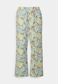 Lightweight, colorful wide-leg pants featuring a tropical leaf pattern in green, yellow, orange, and blue on a light background. Elastic waistband.