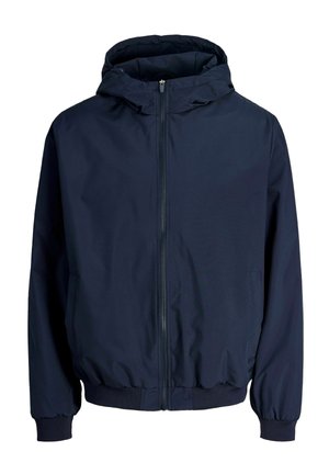 Veste à capuche bleu foncé avec fermeture éclair à l'avant, poignets élastiques et deux poches latérales.