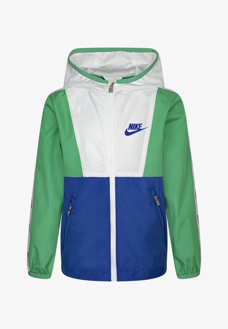 Nike windbreaker jacket featuring a color-block design in white, green, and blue, with a front zipper and side pockets. Logo on chest.