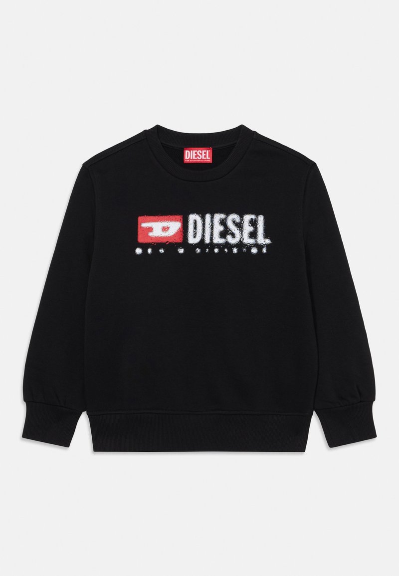 Sweatshirt noir à col rond, avec un design de logo blanc et rouge bien visible à l'avant. Manches longues avec des poignets côtelés.
