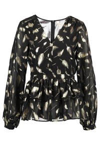 Blusa nera con maniche lunghe, scollatura a V e orlo peplum, caratterizzata da un motivo di foglie dorate su tessuto trasparente. Chiusura con cerniera sul retro.