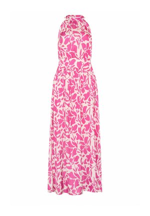 Mouwloze lange jurk met halternek, getailleerde taille en roze bloemen abstract patroon op witte stof.