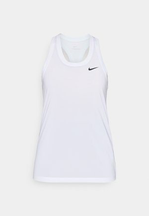 Balta be rankovių sportinė tank top marškinėlių, pagaminta iš lengvos medžiagos. Yra apvalus kaklas ir mažas juodas „Nike“ logotipas ant krūtinės.
