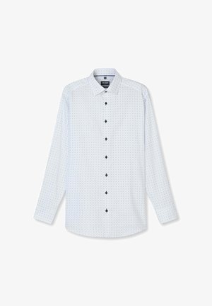 White long-sleeve men's dress shirt with black buttons and a subtle repeating small dot pattern, displayed on a plain background.