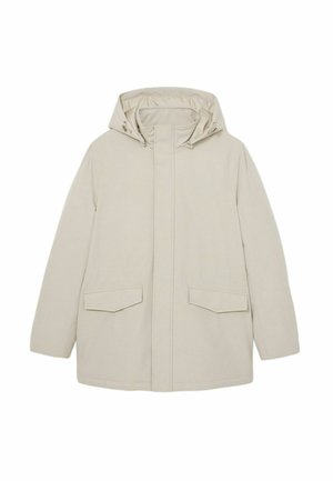 Beige hættejakke med frontlukning, to store påsyede lommer og en ensfarvet struktureret stof. Casual og afslappet pasform.