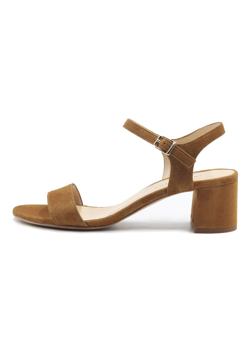 Brown suede high-heeled sandal with a block heel, open toe, and adjustable ankle strap. Smooth interior and textured outsole.