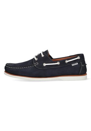 Marine suède bot schoenen met witte veters en stiksels, rubberen zool en een bruine binnenkant. Heeft een klein merkembleem aan de zijkant.