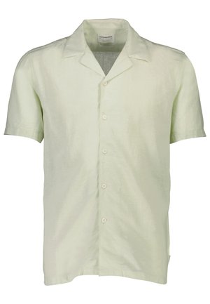 Short-sleeve button-up shirt in light green, made from a textured fabric. Features a classic collar and six front buttons.
