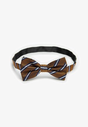 Sløjfe med et struktureret brunt og orange mønster, der har blå og hvide striber. Justerbar sort band rundt om halsen.