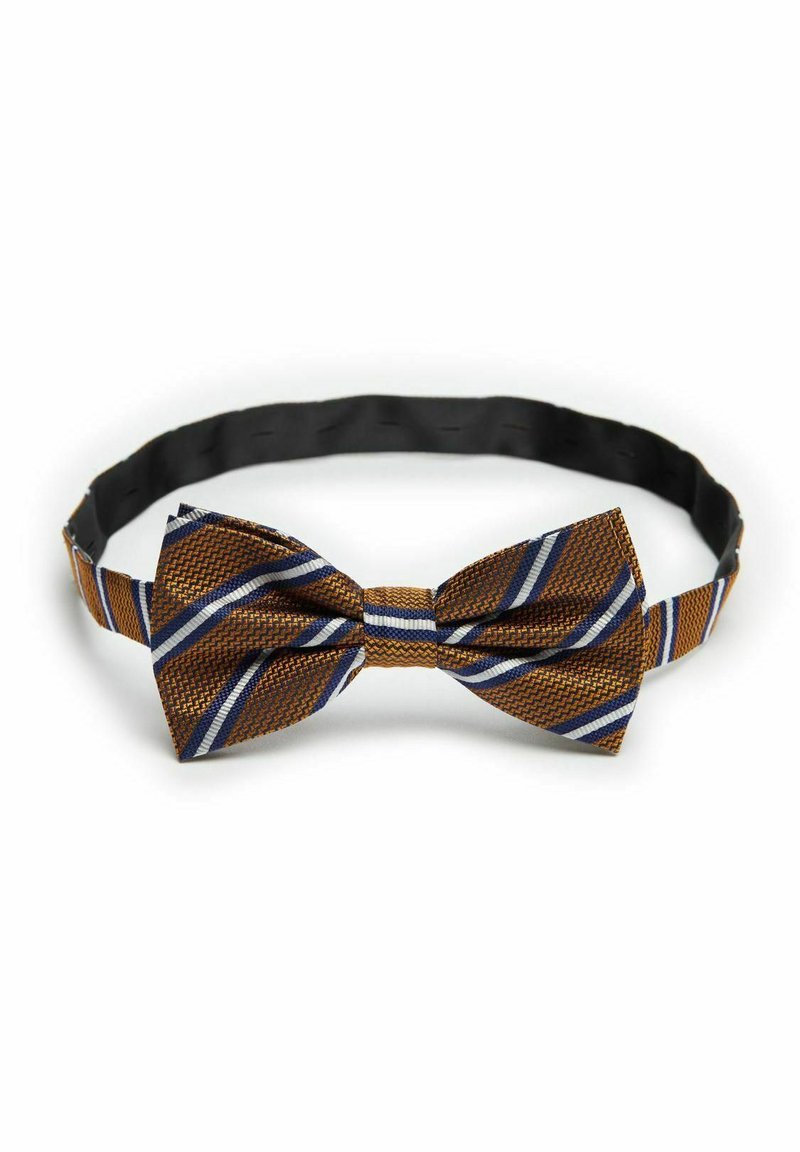 Fluga med en strukturerad brun och orange mönster, som har blå och vita ränder. Justerbar svart band runt kragen.