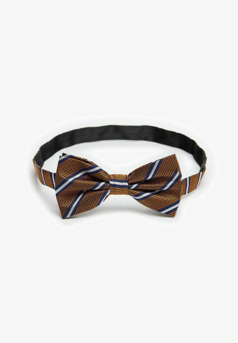 Fluga med en strukturerad brun och orange mönster, som har blå och vita ränder. Justerbar svart band runt kragen.