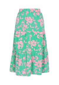 Gonna a strati con vita regolabile in tessuto verde con grande stampa floreale rosa. Presenta un elastico in vita e strati arricciati per un volume aggiuntivo.