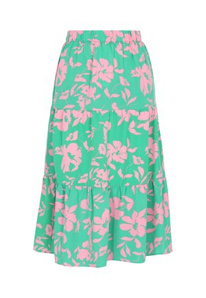 Grüne Stufenrock mit Krawattenbund und großem pinkfarbenem Blumenmuster. Verfügt �über einen elastischen Taillenbund und geraffte Stufen für zusätzlichen Volumen.