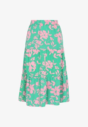 Roheline kangast seotav vöökohaga kihiline seelik suure roosa lillemustriga. Omab elastset vööd ja volüümikate tieride kogumist.