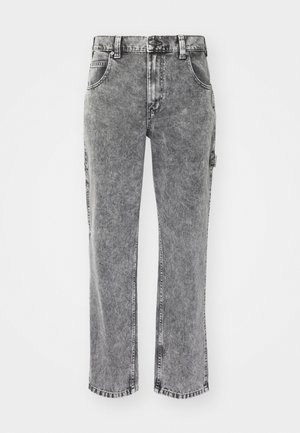 Gray denim jeans with a high waist, straight leg design, distressed texture, and five pockets. Visible stitching and branded hardware details.