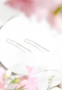 Orecchini a goccia in argento con barre rettangolari allungate e delicati accenti in catena. Posati su un piatto bianco con sfondo floreale sfocato.