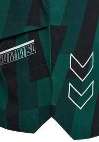 Dunkelgrüne und schwarze, vertikal gestreifte Sportshorts mit weißem "HUMMEL"-Logo und zwei weißen Schrägstrichen auf der rechten Seite.