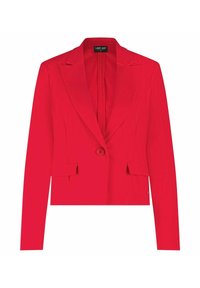 Rode op maat gemaakte damesblazer met lange mouwen, een enkele knoopsluiting, notch revers en flapzakken, gelabeld als Lady Day, maat small.