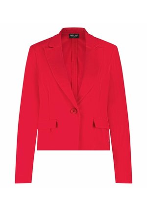 Rode op maat gemaakte damesblazer met lange mouwen, een enkele knoopsluiting, notch revers en flapzakken, gelabeld als Lady Day, maat small.