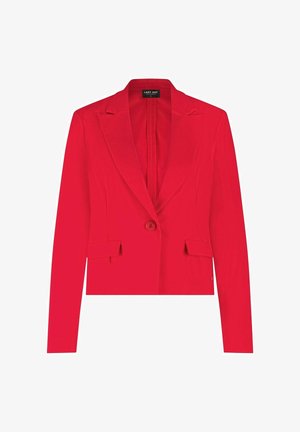 Rode op maat gemaakte damesblazer met lange mouwen, een enkele knoopsluiting, notch revers en flapzakken, gelabeld als Lady Day, maat small.