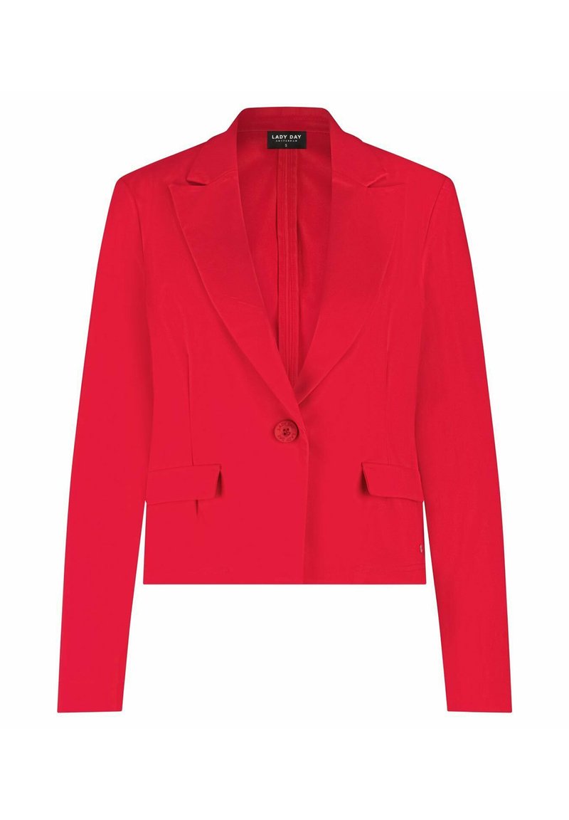 Rode op maat gemaakte damesblazer met lange mouwen, een enkele knoopsluiting, notch revers en flapzakken, gelabeld als Lady Day, maat small.