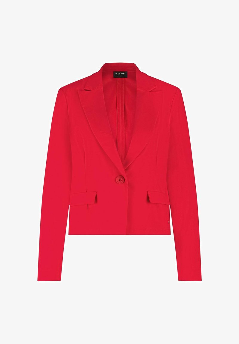 Rode op maat gemaakte damesblazer met lange mouwen, een enkele knoopsluiting, notch revers en flapzakken, gelabeld als Lady Day, maat small.