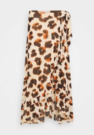 Wrap nederdel med leopardprint i nuancer af brun og orange på en cremefarvet baggrund, med en volangkant og detaljer med sidebinding.