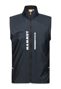 Marinfärgad ärmlös väst med hög krage, med en frontdragkedja och en vit logotyp. Inkluderar en ficka med dragkedja och kontrasterande detaljer.