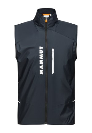 Marineblauwe mouwloze vest met hoge kraag, voorzien van een rits aan de voorkant en een wit logo. Inclusief een ritszak en contrasterende accenten.