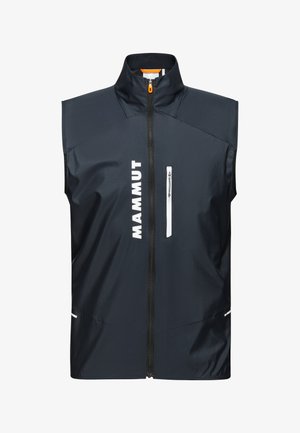 Marineblaues ärmelloses Weste mit hohem Kragen, ausgestattet mit einem Reißverschluss vorne und einem weißen Logo. Enthält eine Reißverschlusstasche und kontrastierende Akzente.