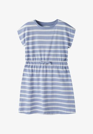 Gaiši zils un balts horizontālas svītras īsroku kleita ar elastīgu jostasvietu un mazu loku priekšpusē centrā.