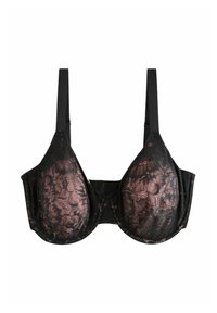 Sutien din dantelă neagră cu balene, având captuseală de culoare piersică, bretele ajustabile și închidere cu cârlig și ochi la spate.