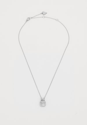 Silver necklace featuring a pendant shaped like a lock, adorned with clear, round gemstones, on a fine chain with a clasp.