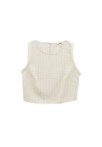 Beige cropped tank top med et ternet mønster, rund halsudskæring og uden ærmer. Har to sidelommer. Struktureret stof.