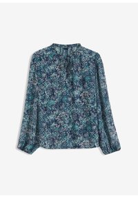 Blouse à manches longues avec un imprimé floral multicolore incluant des nuances de bleu et de vert, tissu doux avec un col noué et une coupe décontractée.