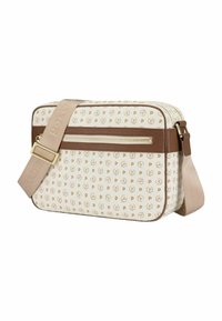 Borsa a tracolla rettangolare in beige chiaro con un delicato motivo a logo dorato. Accenti marroni e tracolla regolabile con dettaglio logo. Chiusura con zip.