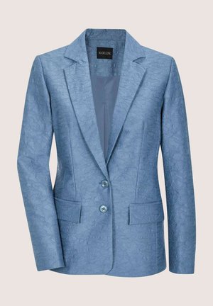 Light blue blazer with a textured fabric featuring a subtle floral pattern. Notable details include two front pockets and blue buttons.