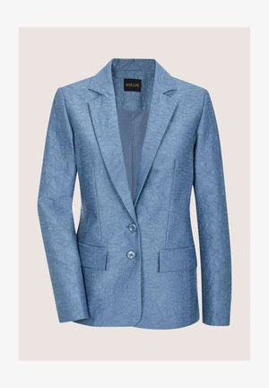 Light blue blazer with a textured fabric featuring a subtle floral pattern. Notable details include two front pockets and blue buttons.