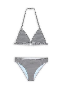 Mustavalkoinen raidallinen bikinit-setti, jossa on kolmiomallinen yläosa, jossa on solmimisnauhat ja vastaavat bikinit, joissa on vaaleansinisiä yksityiskohtia sisäpuolella.