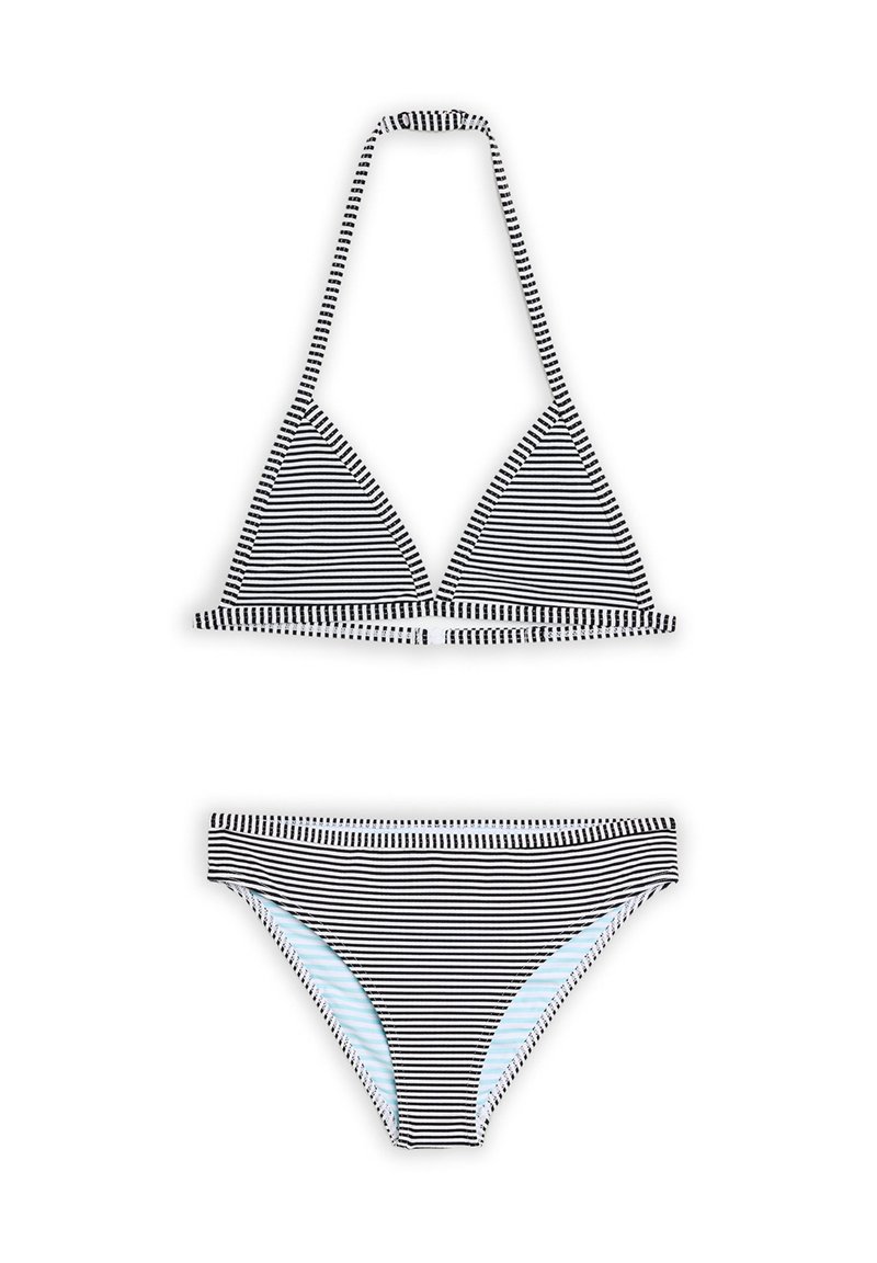 Mustavalkoinen raidallinen bikinit-setti, jossa on kolmiomallinen yläosa, jossa on solmimisnauhat ja vastaavat bikinit, joissa on vaaleansinisiä yksityiskohtia sisäpuolella.