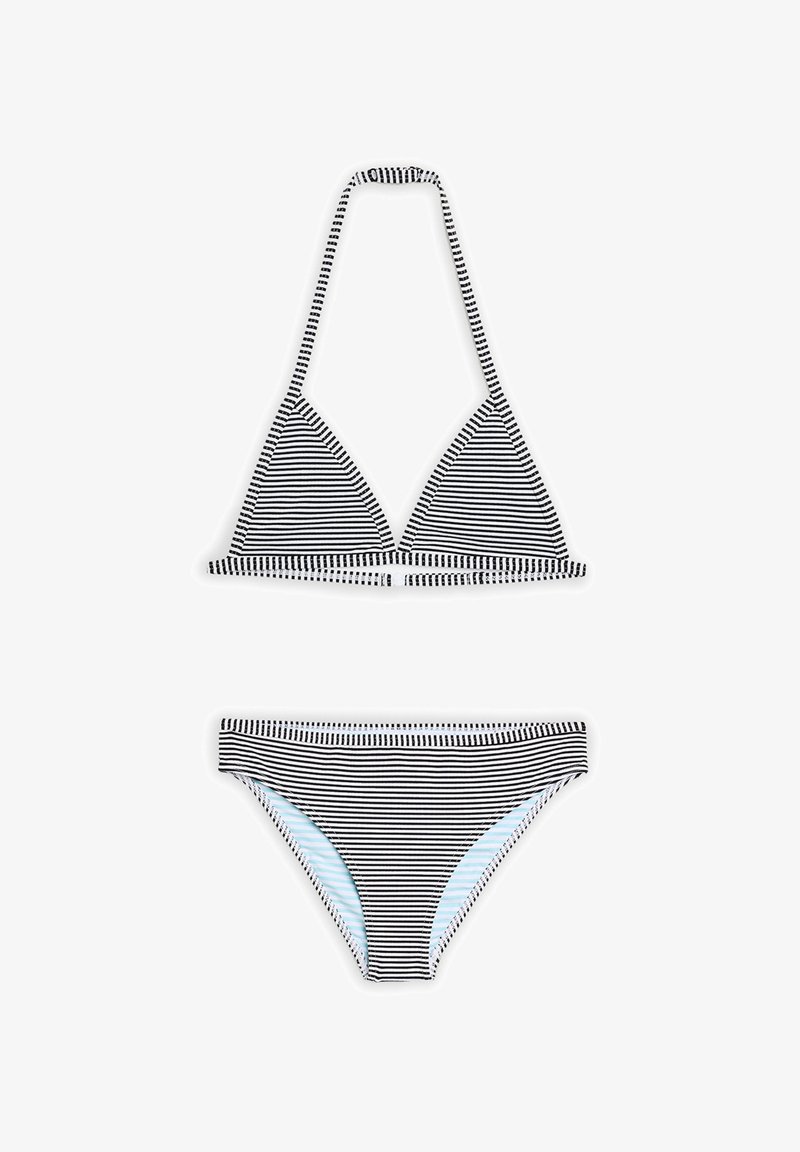 Mustavalkoinen raidallinen bikinit-setti, jossa on kolmiomallinen yläosa, jossa on solmimisnauhat ja vastaavat bikinit, joissa on vaaleansinisiä yksityiskohtia sisäpuolella.