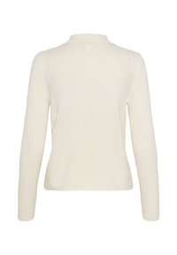 Ilgi piedurkņu ribota pulovera jersey krēmkrāsā ar klasisku apkakli, teksturētu audumu un pieguļošu siluetu. Aizmugurējais skats.