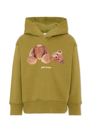 Oliwkowo zielona bluza z kapturem z grafiką misia podzielonego na głowę i części ciała nad tekstem "Palm Angels" z przodu.