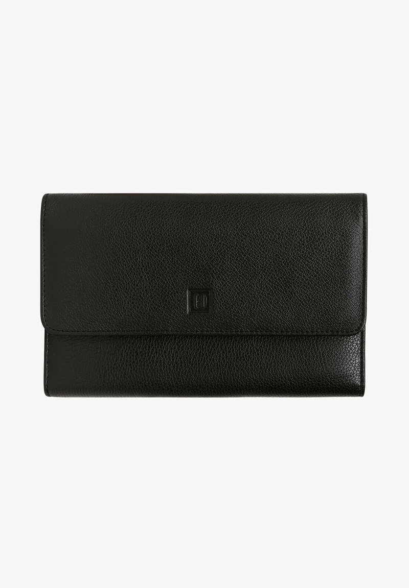 Portafoglio in pelle nera con finitura testurizzata, forma rettangolare e chiusura a pattina. Presenta un logo impresso sul davanti.