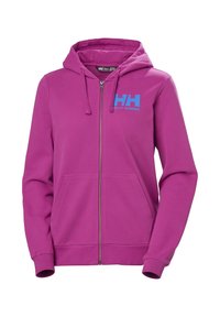 Sudadera con cremallera rosa hecha de tela suave, con un bolsillo delantero; cuenta con un logo azul de Helly Hansen en la parte izquierda del pecho.