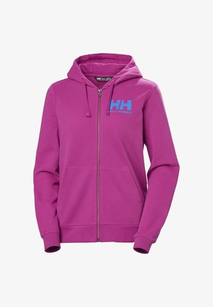 Roze zip-up hoodie gemaakt van zachte stof met een voorzak; voorzien van een blauw Helly Hansen-logo op de linkerborst.