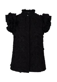 Blouse noire à manches courtes volantées, broderie florale, col montant et patte de boutonnage. Tissu texturé avec un motif dessiné.