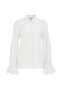 Blusa bianca a maniche lunghe con colletto, tessuto strutturato, sottili motivi metallici e polsini arricciati.